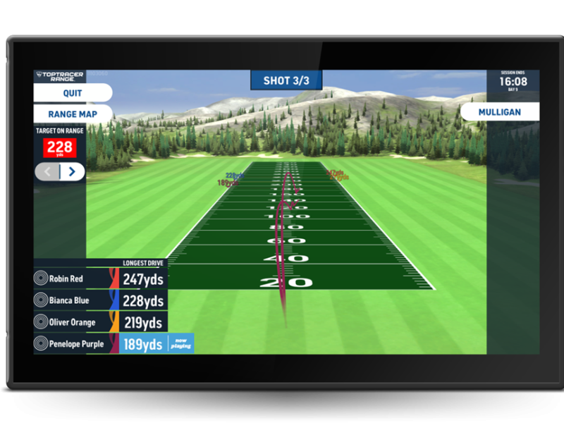 Toptracer Range in-bay game screen showing shot data